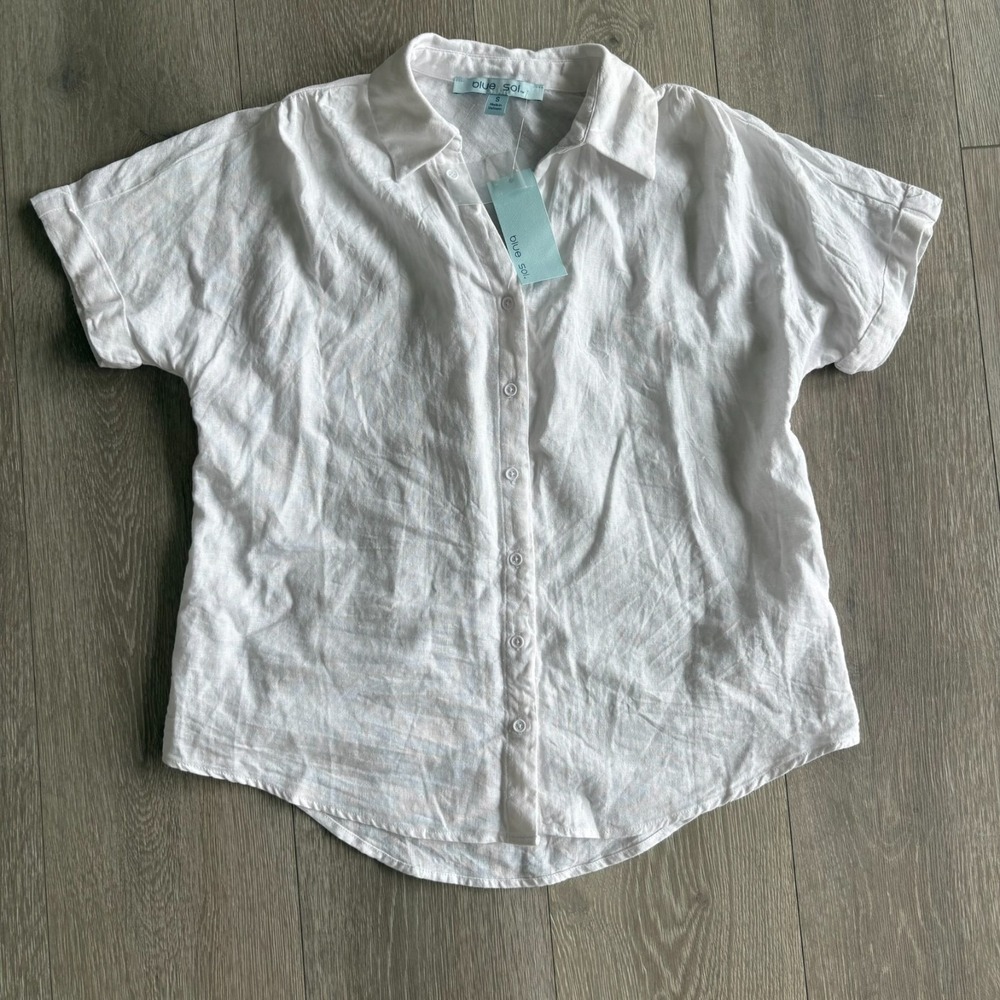 NWT Blue Sol Womens White Short Sleeve Relaxed Fit Button Up Linen‎ Shirt Small